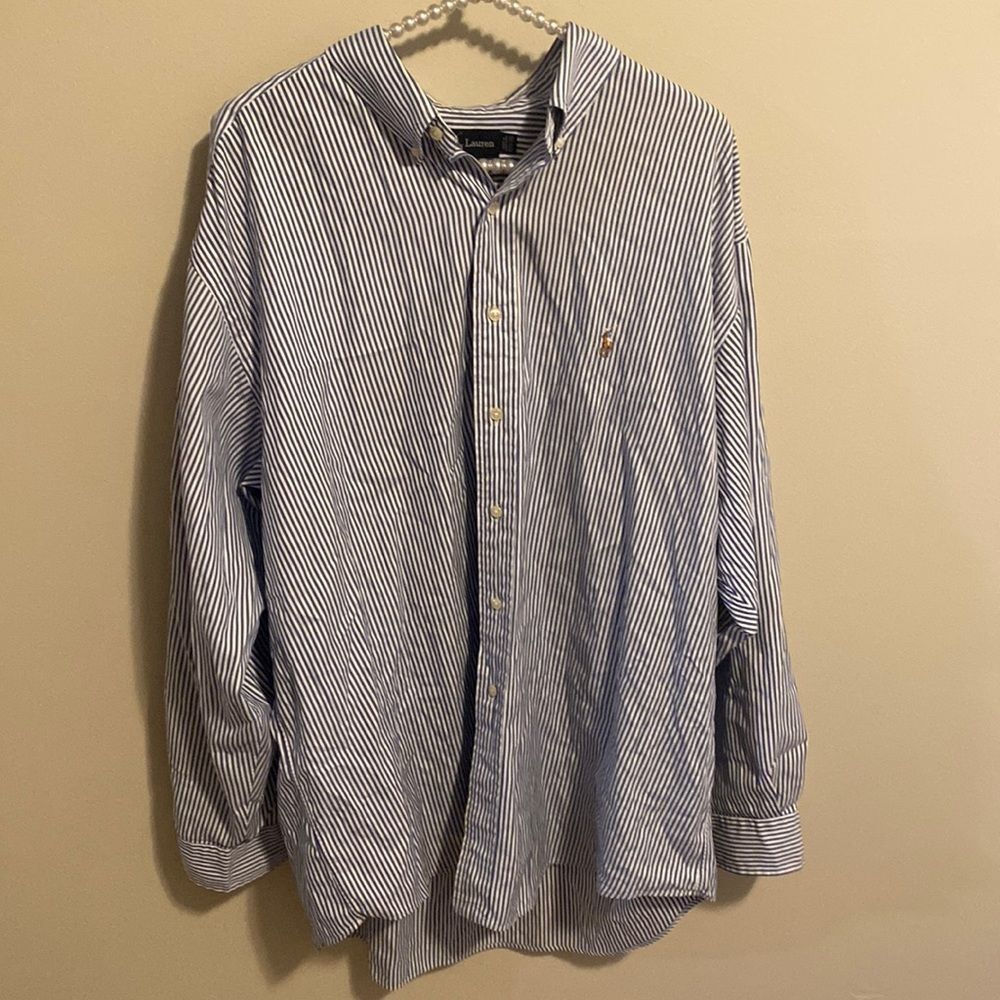 Ralph Lauren Yarmouth 100% Cotton Blue Striped Dress Shirt Size 17.5 35